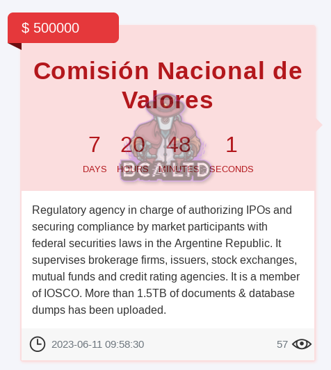 BirminghamCyber's tweet photo. 🔐 New #ransomware incident.

🇦🇷 #Argentina: CNV (Comisión Nacional de Valores) hit by Medusa.

👁️ Source: #DarkFeed

#ThreatIntelligence #Cybersecurity https://t.co/vsV2FzEOYo