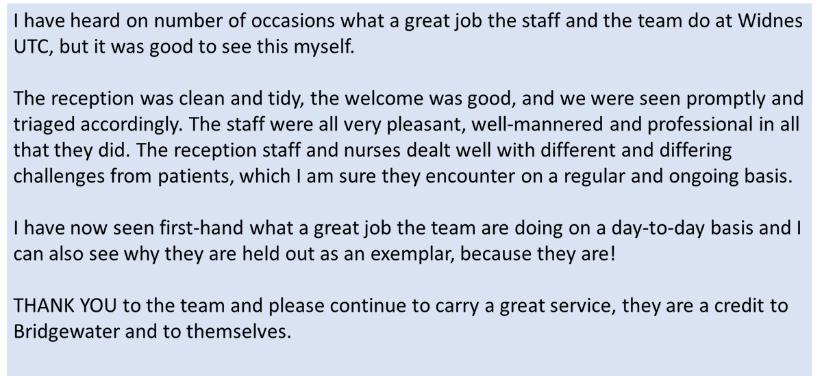 @WeareBCHFT we love to receive feedback from service-users, families, carers, partners and staff. One of our Non-Execs recently accessed Widnes UTC and provided us with this fab feedback #Thanks #TeamBridgewater #Qiality #Nursing #UTC