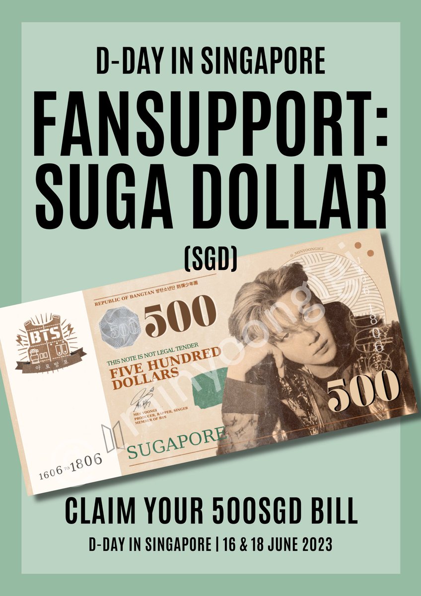 _minyoongigi's tweet photo. 🎁 D-DAY IN SG FANSUPPORT 🎁 

Giving away 200x
💵 500 SUGA DOLLARS (SGD) 💵 

Date: 16 &amp; 18 June
Requirements: None

(but a like/RT and a follow would be nice 🥹)

📍 I’ll tweet my location on the actual day

#AgustD_SUGA_Tour_in_Singapore https://t.co/hUgcxLx7Lc