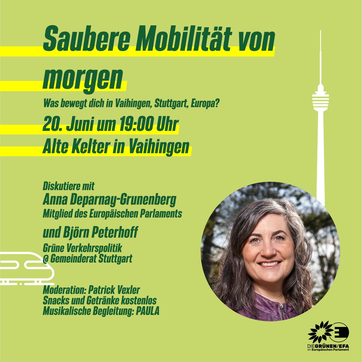 Diskussionsveranstaltung: 'Saubere #Mobilität von morgen -Was bewegt dich in #Vaihingen #Stuttgart #Europa?' mit @AnnaDeparnay @GreensEFA @BjoernPeterhoff @pseudofuerst @gruenestuttgart, Di. 20.06.23, 19h, Alte Kelter Vaihingen #gruenestuttgart