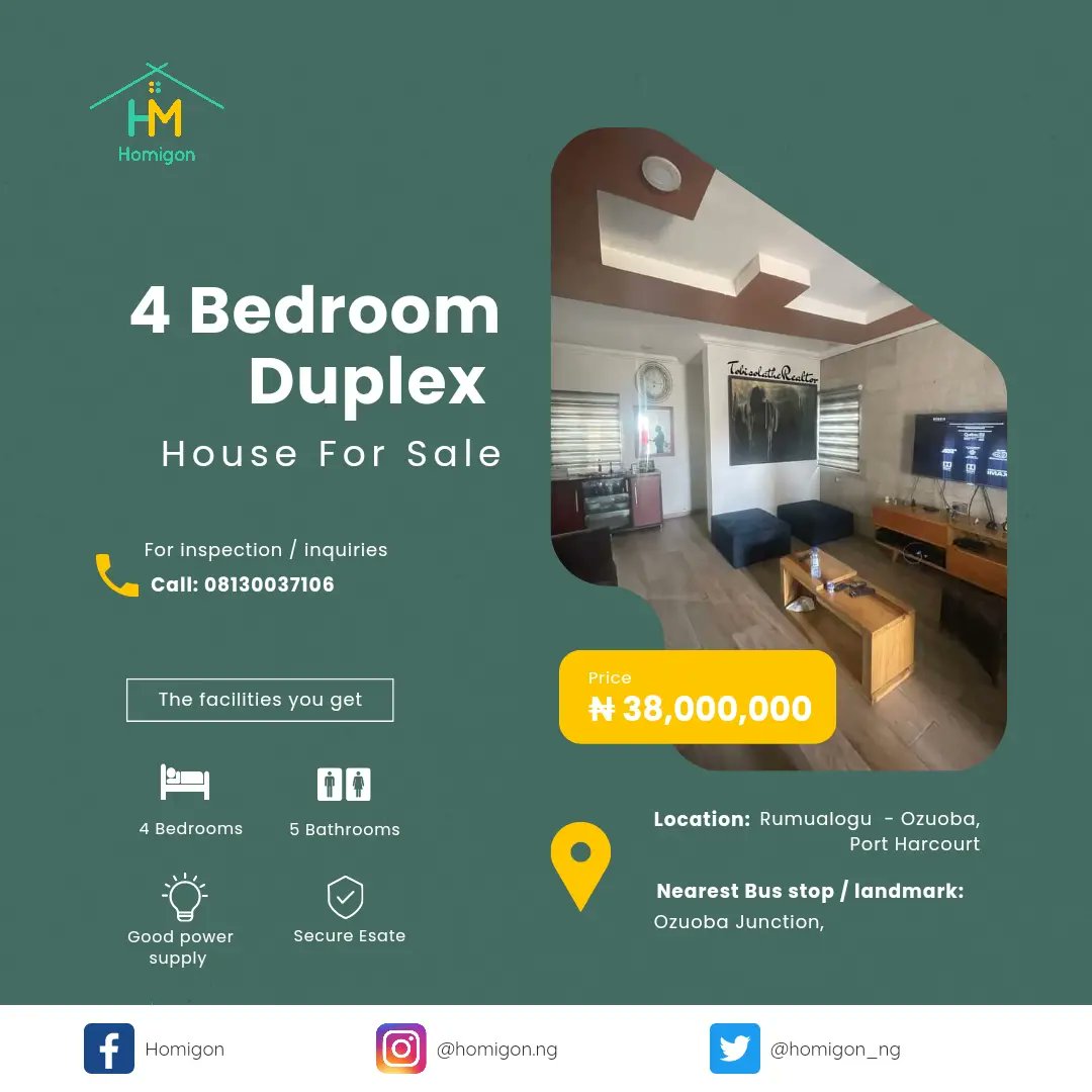 Homigon_ng's tweet photo. For Sale: A nicely Designed 4 Bedroom Duplex For Sale sitting on 1 plot of land. 

📍: Rumualogu-Ozuoba, Port Harcourt
Price: 38M Net
Land Title: Deed of Conveyance

Interested Buyers Should Call/WhatsApp the agent on
08130037106 https://t.co/CQqP6FBOVF