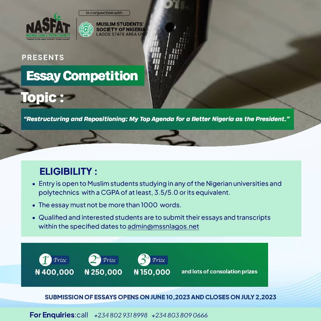 Salam alaykum. In addition to the ongoing quiz competition for secondary school students in Lagos State, the society is sponsoring an essay competition amongst students of tertiary institutions in Nigeria (in conjunction with the MSSN).

#nasfatHELD 
#NASFATcares