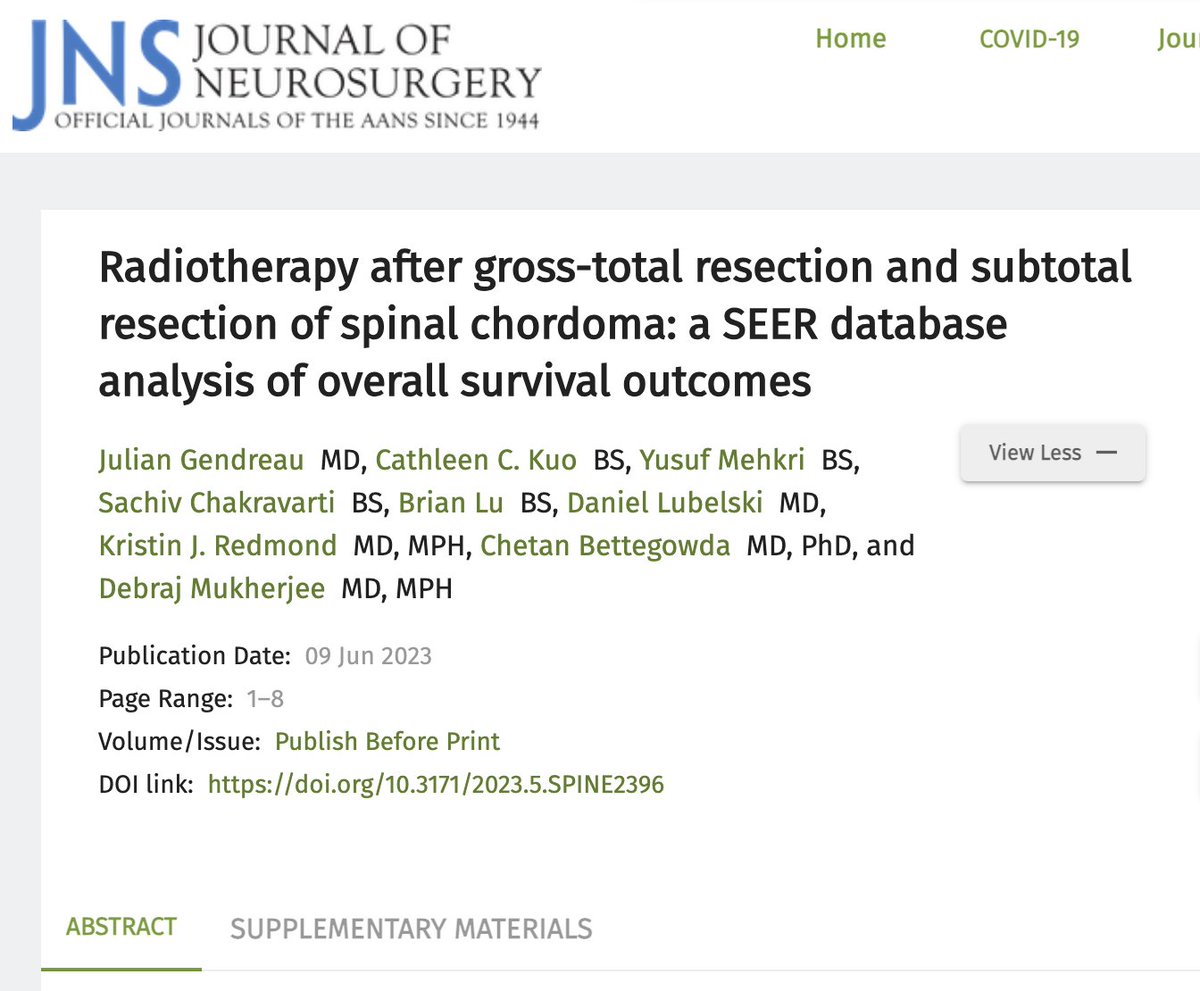 NeuroOncSurgery's tweet photo. Happy to share the next article in our #Chordoma study series published in @TheJNS 

Using the SEER database, we found unclear benefit of radiotherapy after achieving GTR in spinal chordoma

Link: https://t.co/0KgfK0Z2OZ

@JulianGendreau @KuoCathleen @YusufMehkri @Sach_Chak https://t.co/84XVmeAgjo