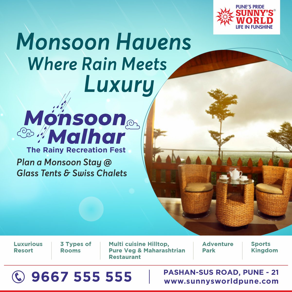 Monsoon Havens Where Rain Meets Luxury

'Monsoon Malhar' The Rainy Recreation Fest.

Plan a Monsoon Stay @ Glass Tents & Swiss Chalets.
#MonsoonMagic #nature #HillsideHeaven #RainyRetreat #ResortLife #BestEats #FoodieParadise #RainyDays #nature #CulinaryDelights #HilltopHaven