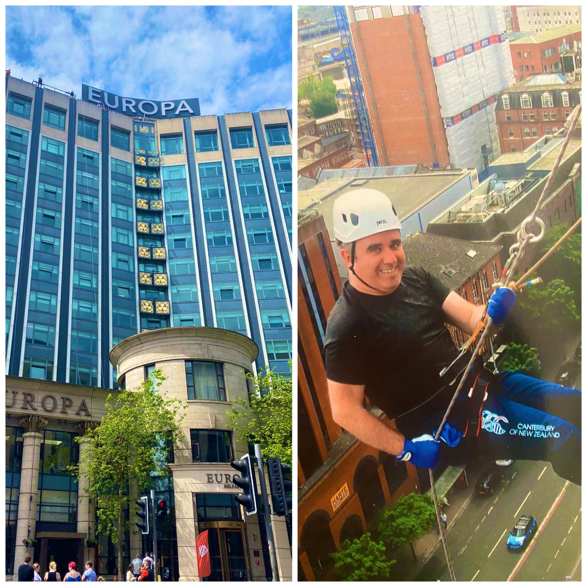 An action packed Sunday morning, abseiling down the Europa Hotel with students from @pharmacyatQUB. Thanks for all the very generous donations received so far #macmillancancersupport #LoveQUB