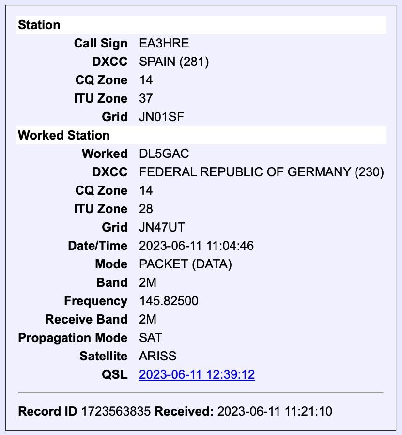 APRS contact confirmation in 2m via ISS (International Space Station) 🛰️.
#hamradio #hamr #swl #amateurrardio #dxing #dx #propagation #APRS