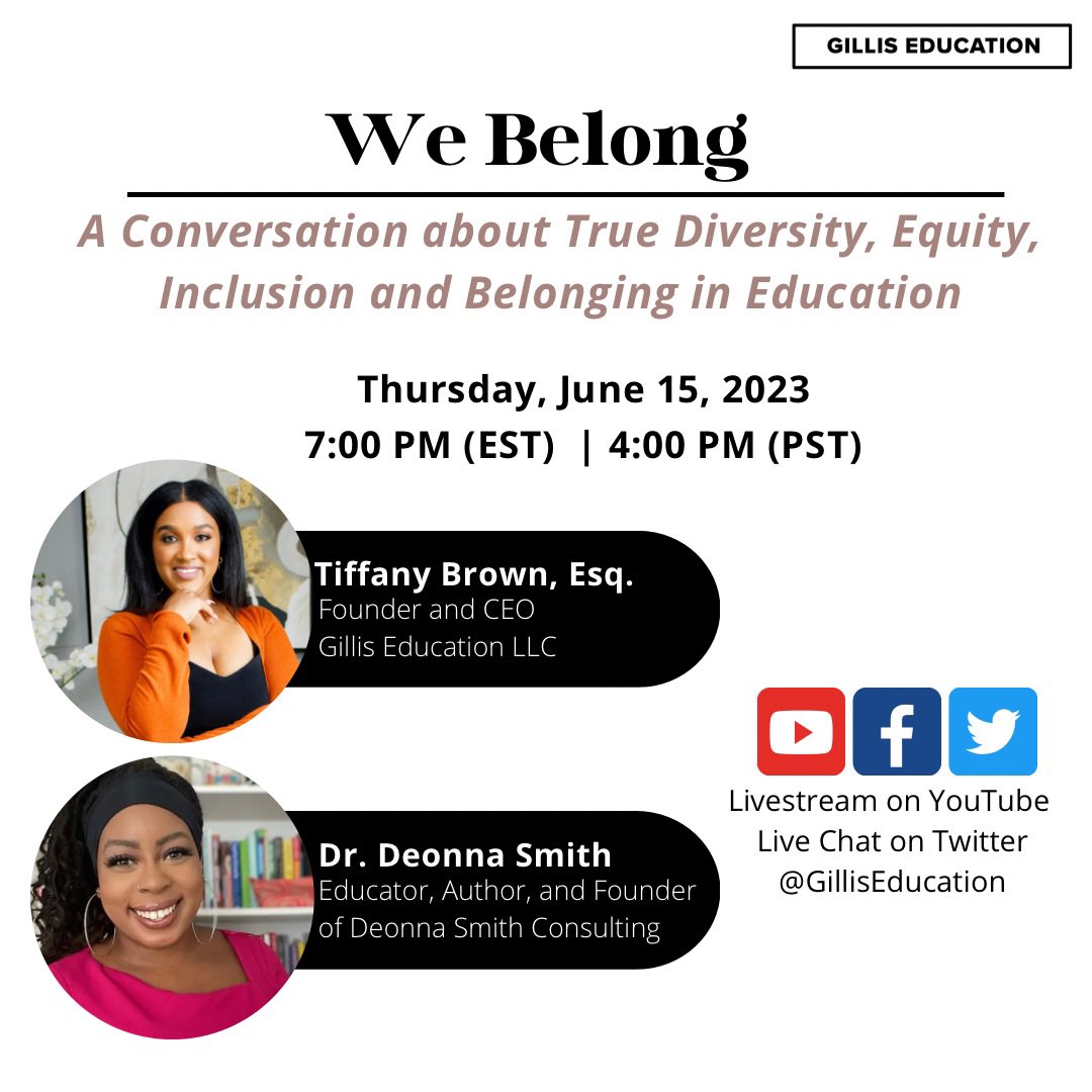 gilliseducation's tweet photo. Let’s talk belonging in education! On June 15th, we’ll chat with Dr. Deonna Smith about her work in DEIB and why it’s so important! https://t.co/dtFLtbUSEV #DEI #Diversity #DiversityandInclusion #Pride2023 https://t.co/0vADYwpYgU