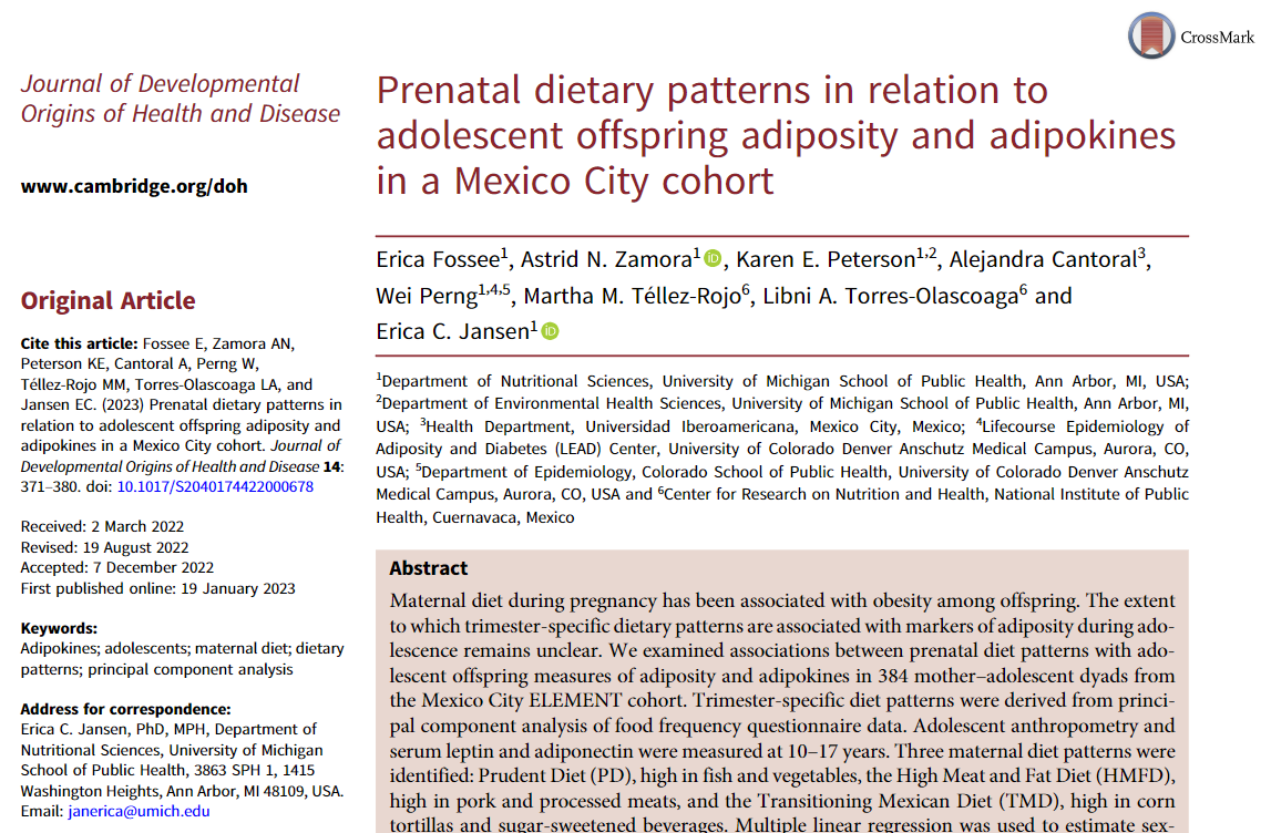ORIGINAL ARTICLE: Prenatal dietary patterns in relation to adolescent offspring adiposity and adipokines in a Mexico City cohort

Read more: tinyurl.com/v3pv5mvt

#JDOHaD #DOHaD