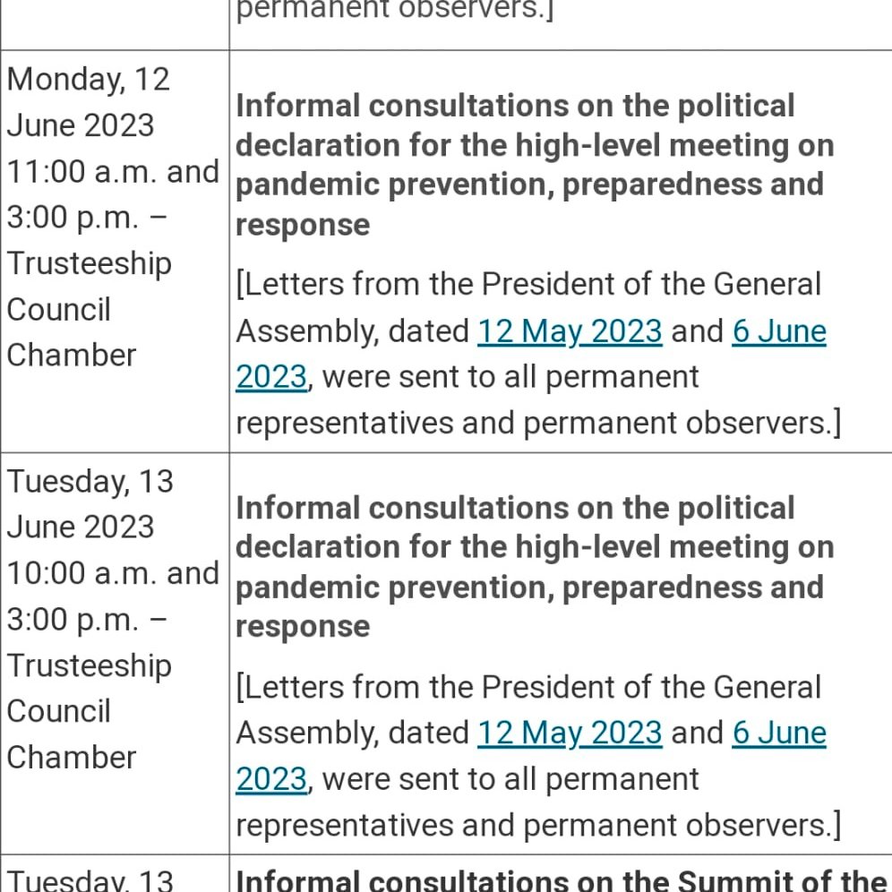 nschwalbe's tweet image. Tomorrow is the first informal consultation on the UN high-level meeting on Pandemic Prevention, Preparedness and Response zero draft political declaration.

Many countries are preparing block positions (Africa, EU, Can/Aust/NZ).

Please post any readouts from the room 👇🏼