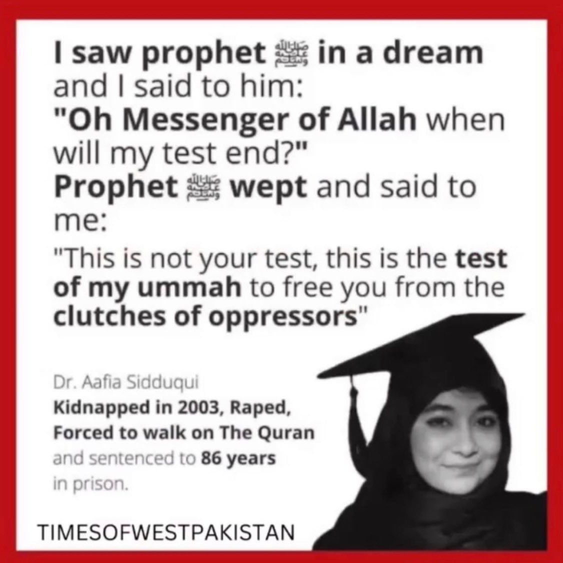 Hamna55555's tweet photo. What face will we show to Our Honour, “حضور”(ص)?
BRING BACK AAFIA SIDDIQUI https://t.co/SPotgxa395
