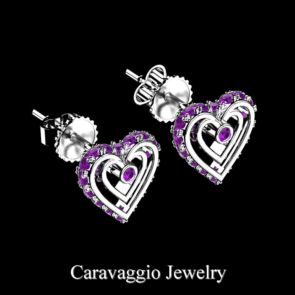 Exclusive 💎 caravaggiojewelry.com/?p=433340 Art Masters Caravaggio 950 Platinum Amethyst Heart Stud Earrings E623-PLATAM at Caravaggio™ Jewelry