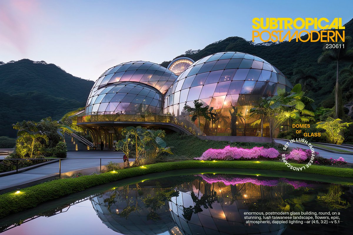 darylanselmo's tweet photo. #midjourney #dailies #posthuman #ai #imgsynth #synth #inspiration #aiia #postmodern #tropical #taiwan #modern #lush #landscaping #beauty #subtropical #glass #buildings #biodiversity #glassbuildings #calm #floral #flowers https://t.co/yXLE7ElkXg