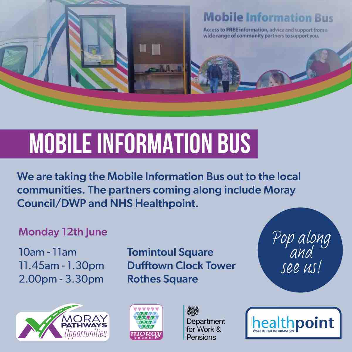 The mobile information bus is heading out across Moray this coming week . 
<a href="/NHSGrampian/">NHS Grampian</a> are in collaboration with <a href="/Moraypathways/">Moray Pathways</a> <a href="/JCPinScotland/">JCP in Scotland</a> Check out their destinations and pop along for some free information and advice!

#NorthEastCrimeRedcution