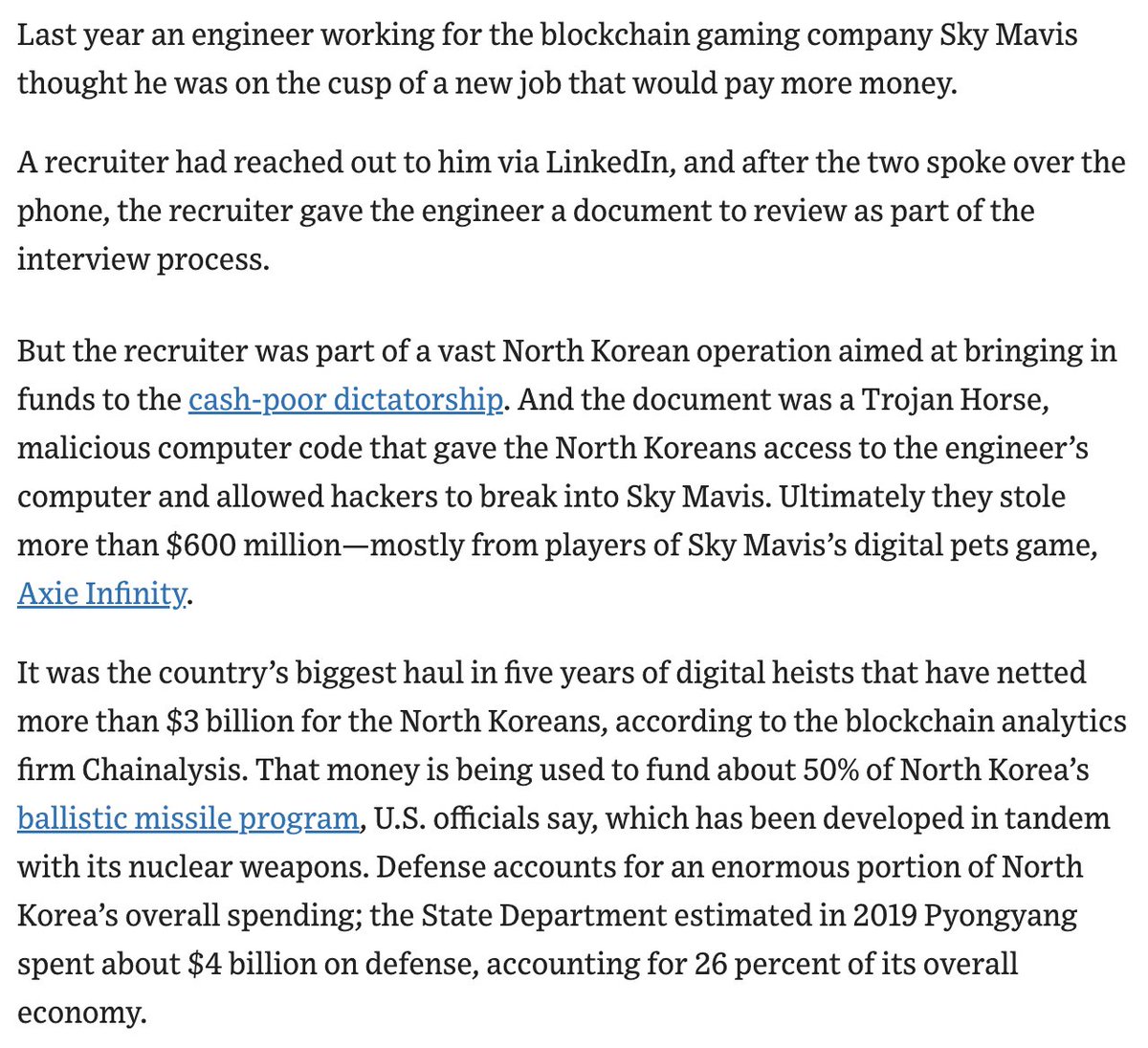 North Korean hackers have stolen more than $3 billion in crypto over the last 5 years, and their heists are now funding fully half of its ballistic missile program, alarming U.S. officials. Here's how they did it. w/ @bobmcmillan wsj.com/articles/how-n…