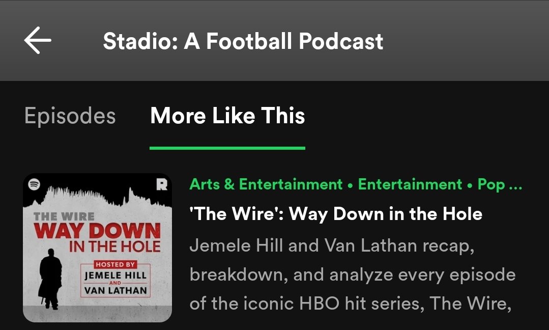 Only real ones understand why the algorithm conflated the football podcast <a href="/stadio/">Stadio</a> and play by play of the wire! <a href="/thewirepod/">Way Down in the Hole</a>