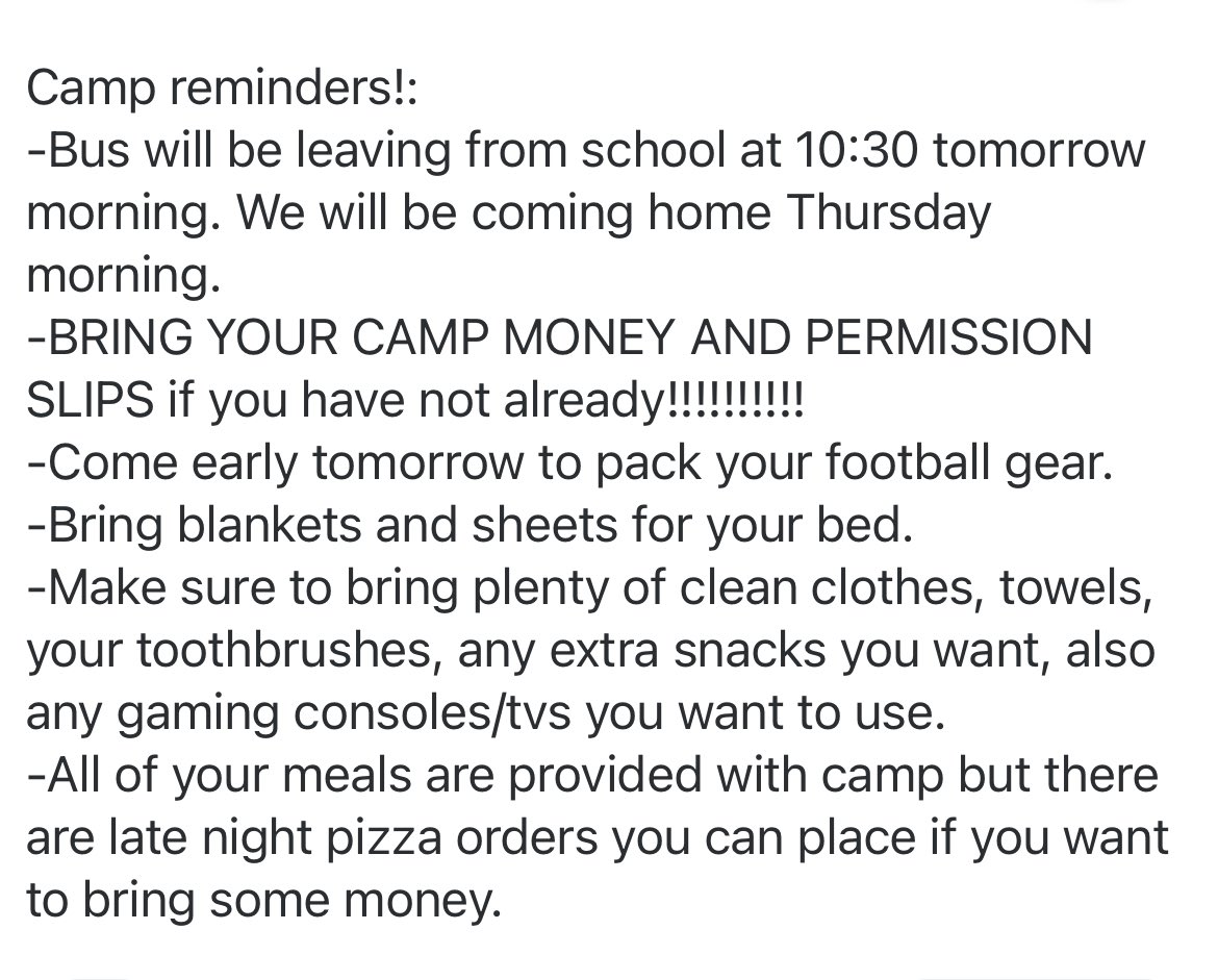 🏈 Camp reminders 🏈