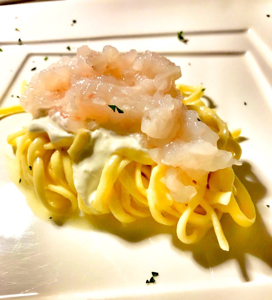 Freshly made tagliolini lemon pasta, stracciatella - Pugliese cheese, and sweet shrimp tartare from Gallipoli Sea. It paired harmoniously with a 2010 Trentodoc @ferraritrento #Throwback.  #lecce #puglia Your thoughts on this mouthwatering meal!