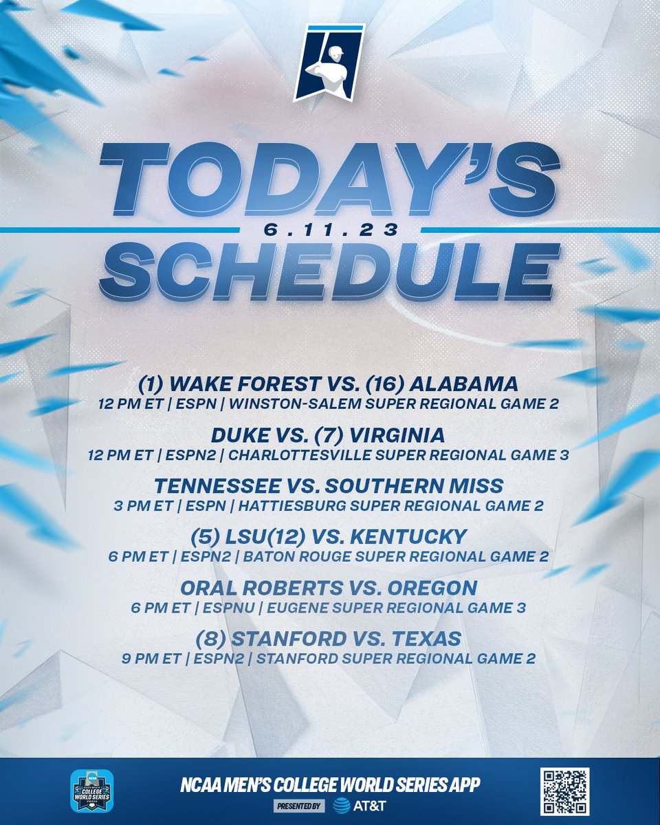 NCAABaseball's tweet photo. Are you ready for day 3 of Super Regionals? 

Don't miss anything, as we punch more tickets to Omaha!

 📺 https://t.co/v91qLGny6I
📲 https://t.co/D9Ga3efNbI
📊 https://t.co/riddovUP3J

#RoadToOmaha https://t.co/k85BsHwkgW