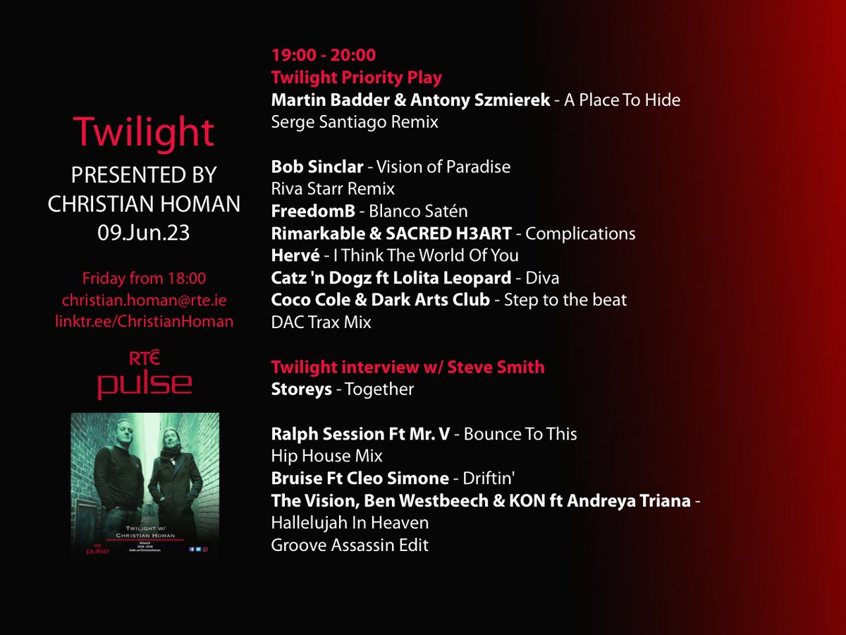 Twilight w/ @ChristianHoman @RTEPulse 09Jun23
Listen Back: Linktr.ee/ChristianHoman
Interview: @stevesmithmusic 
Priority Play: #martinbadder @AntonySzmierek @sergesantiago @jack_said_what @mrstevemac
Flashback Track: #koolworldproductions 
@rte
#christianhoman #twilightrte #RTE