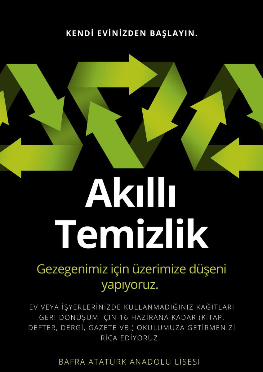 LisesiBafra's tweet photo. Kullanmadığınız kağıtları geri dönüşüm için 16 Haziran’a kadar okulumuza getirmenizi rica ediyoruz.
Dönüşüme kendi evinizden başlayın.
#bafraataturkanadolulisesi
#geridönüsüm https://t.co/DYJApXaBB1