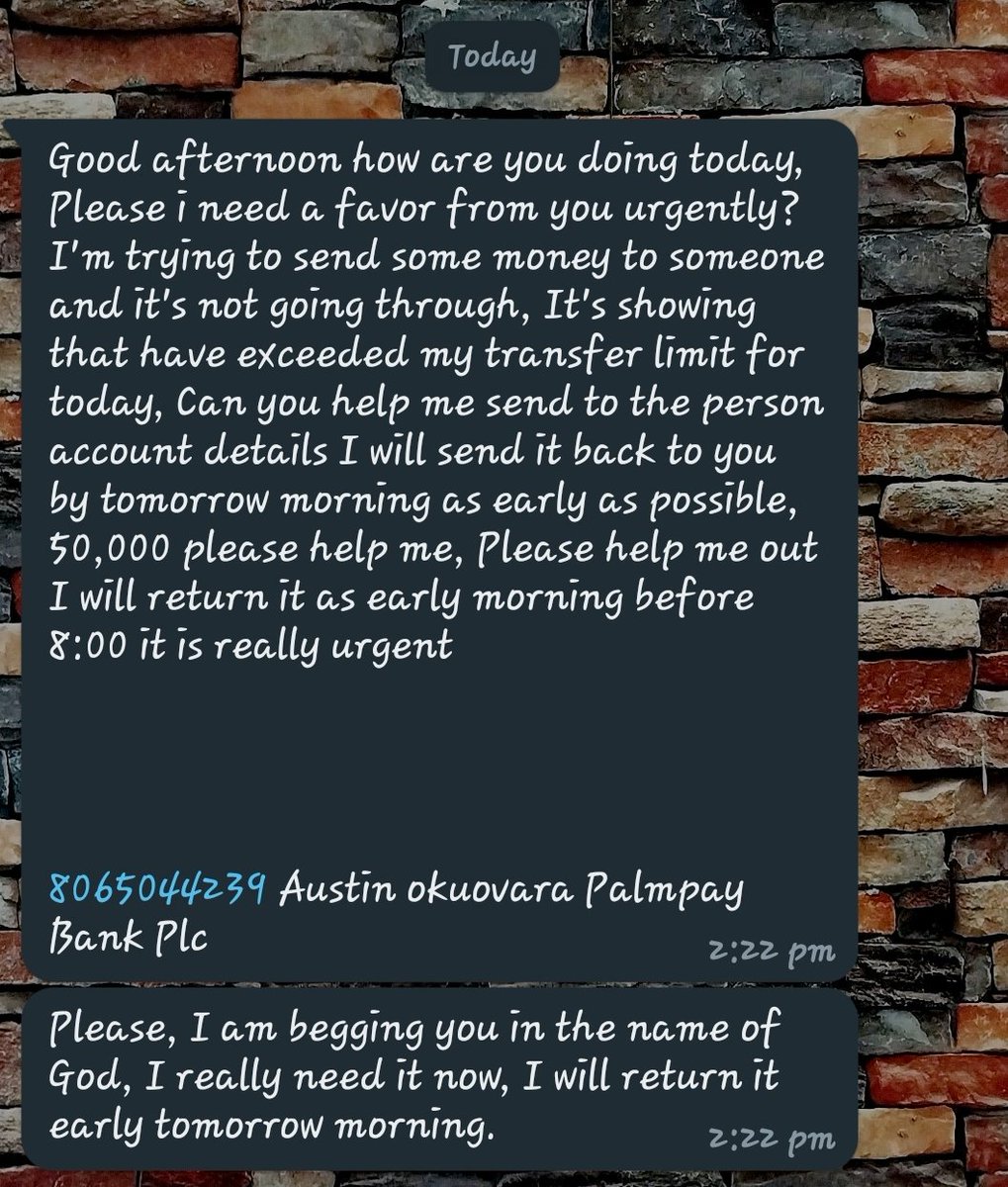 AbiolaOduye's tweet photo. @palmpay_ng A scammer is using this account from your bank to solicit for money using a hacked WhatsApp account. Please block the account immediately @cenbank @Gidi_Traffic @officialEFCC HELP!!!! https://t.co/b6dlx0BWhY