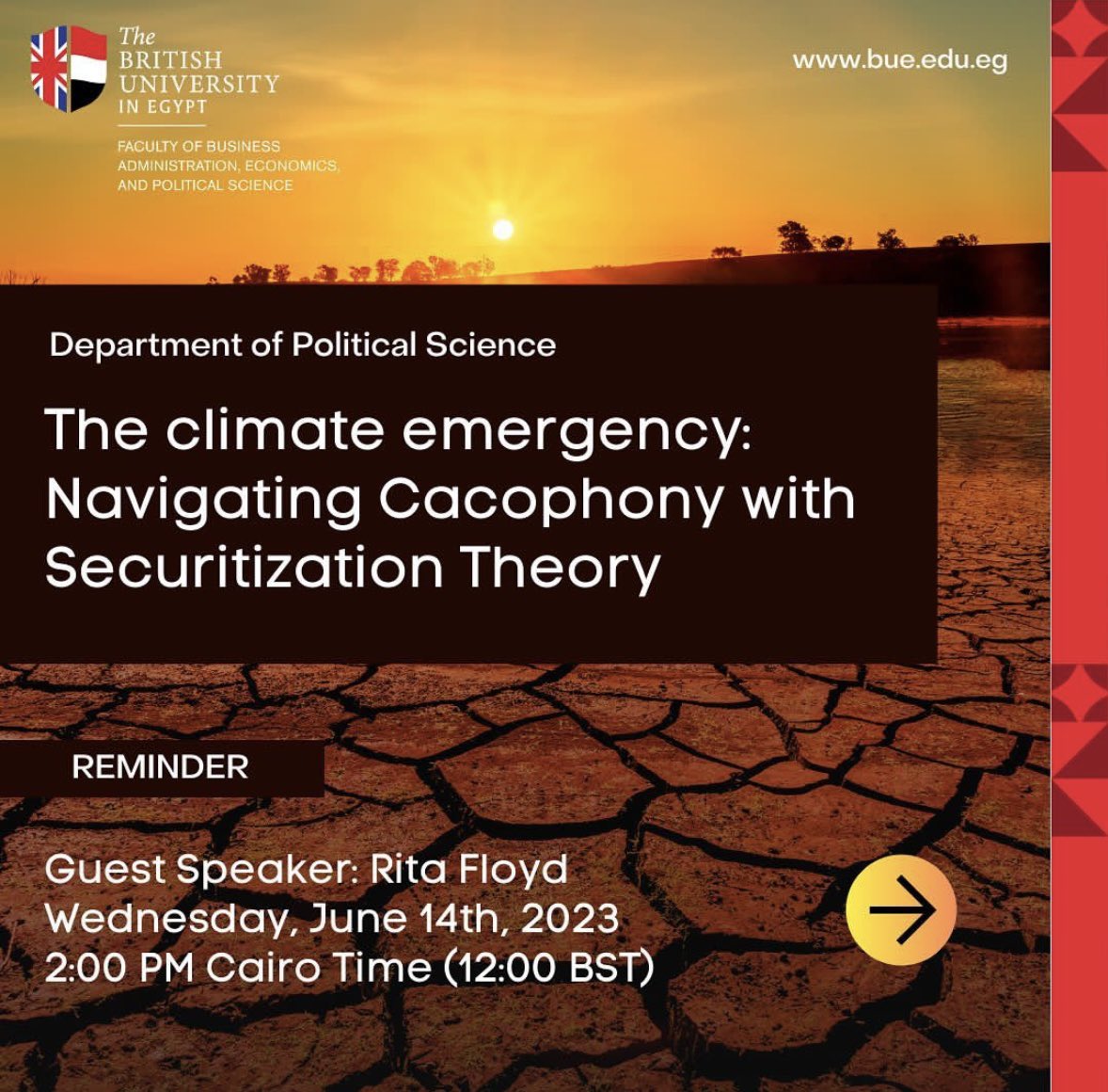 BUEPolScience's tweet photo. Don’t miss Rita Floyd’s talk on “The Climate Emergency: Navigating Cacophony with Securitization Theory” on June 14th, 2023! 

Gain a deeper understanding of climate change and learn how to navigate diverse perspectives.

Register now! 

https://t.co/eCuV2touLc https://t.co/HQ7qHi0KBK
