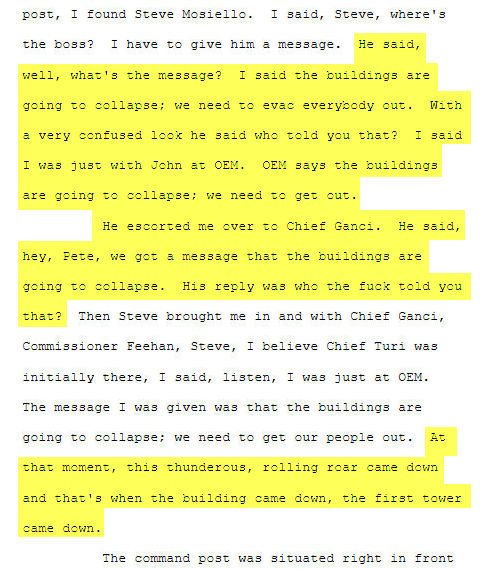 shoestring911's tweet image. An expert's reaction when he was given the message that the Twin Towers were going to collapse on 9/11: Fire Chief Peter Ganci exclaimed, "Who the f**k told you that?" (p. 6 of PDF) - graphics8.nytimes.com/packages/pdf/n…