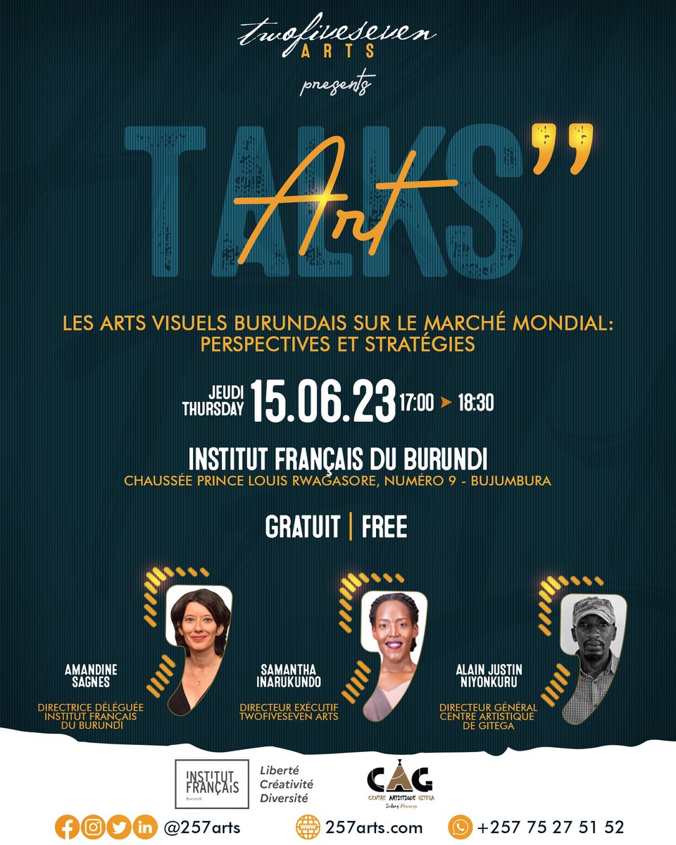 ✨Rejoignez-nous pour un #ArtTalk inspirant sur les arts visuels burundais à l'échelle mondiale ! 🌍🎨 Découvrez les stratégies et les perspectives qui façonnent leur parcours. Ne manquez pas cette discussion enrichissante ! #ConférenceArt #ArtBurundais #ScèneMondiale