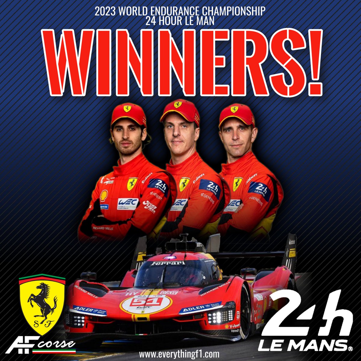 @Ferrari WIN THE LE MANS 24HOUR RACE!!!

CONGRATULATIONS TEAM!

#Lemans24 #lemans #lemans24hour #Ferrari @ScuderiaFerrari