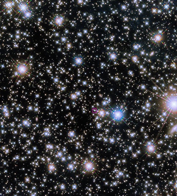 This Hubble image shows several stars shining against a black backdrop of space. Near the center, a small, superimposed pink circle designates the infrared afterglow of a gamma-ray burst.
