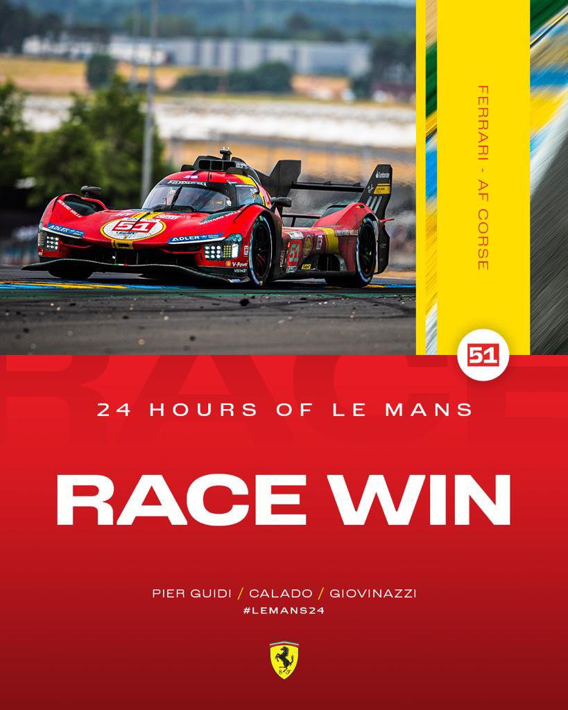 🏆 𝑯𝑰𝑺𝑻𝑶𝑹𝑰𝑪 𝑾𝑰𝑵! 🏁 What a way to come back to the top class of endurance racing in the legendary #LeMans24 after 50 years 🎉 P1 for #5️⃣1️⃣ 🏆 #FerrariHypercar #Ferrari499P #WEC #LeMansCentenary