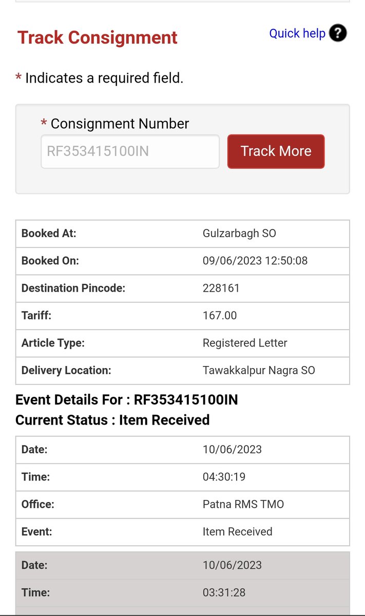 Mishratnesh1's tweet photo. @IndiaPostOffice 
Status of Article having consignment no RF353415100IN not being regularly updated for last 36 hrs . Please look into matter and ensure timely delivery. https://t.co/7eR5nfR4W0