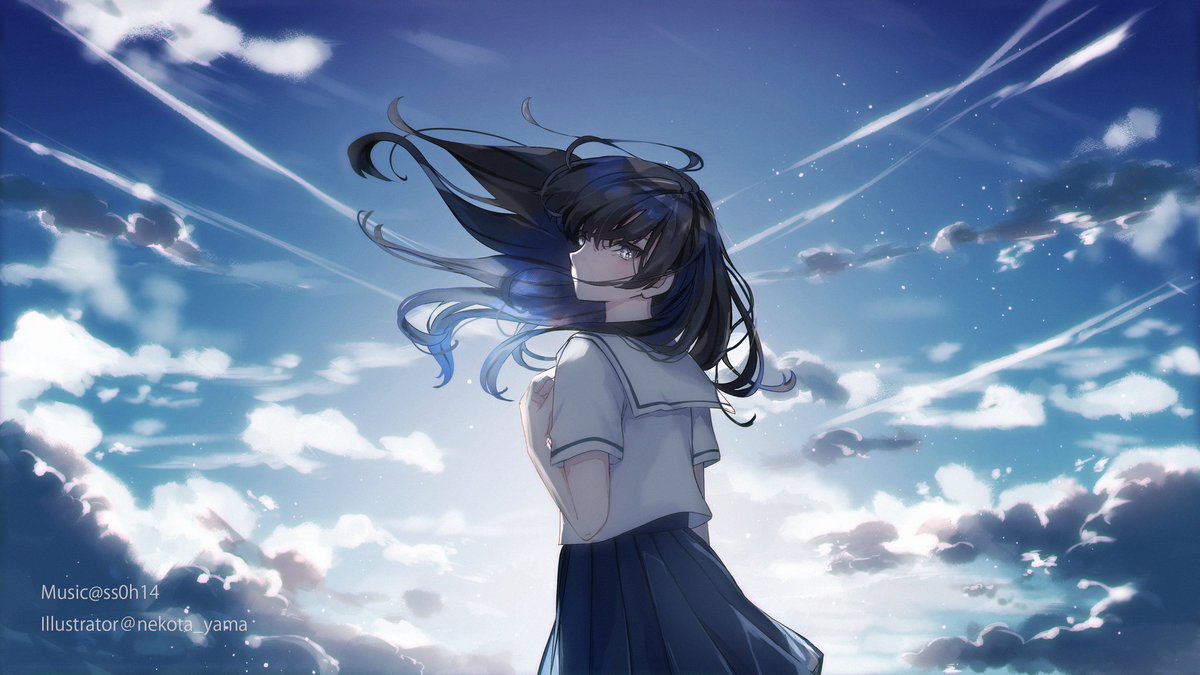 1girl solo skirt sky long hair cloud school uniform  illustration images