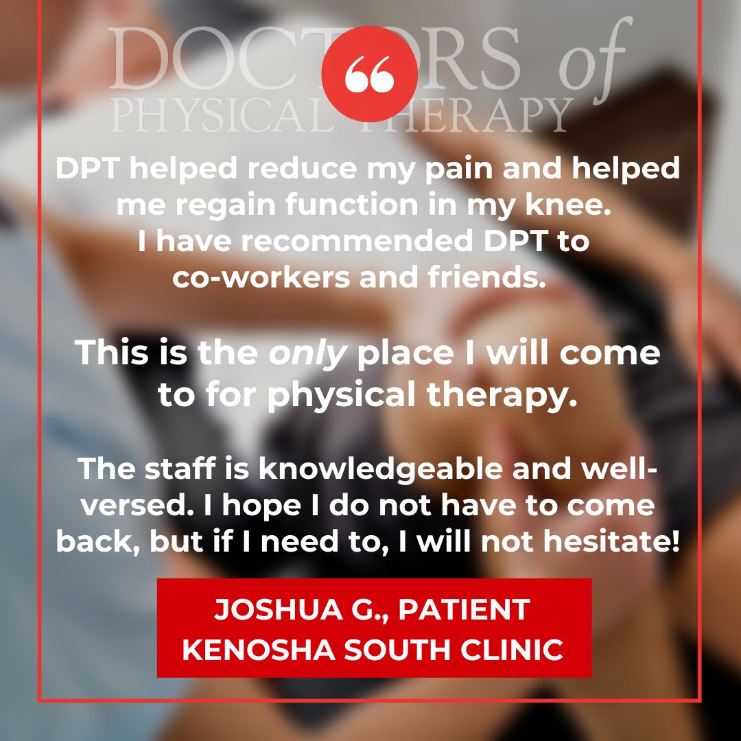 DPTRed's tweet photo. "This is the only place I will come to for physical therapy."
Joshua, your trust in us means everything and we will always work hard to earn your trust. Thanks for the kind word--and shout out to our great team at Kenosha South!

#DPTSuccess #DPTRed #GetBetterFaster https://t.co/cs2yIpAA2X