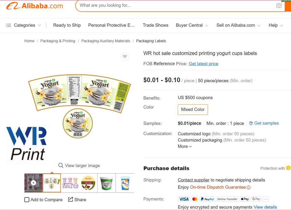 WR print : For #food products like #yogurt or #icecream cups, if you need the #label to wrap around the entire cup, then you need to have the label to be #customized due to the different sizes of the cup.
For more info: alibaba.com/product-detail…