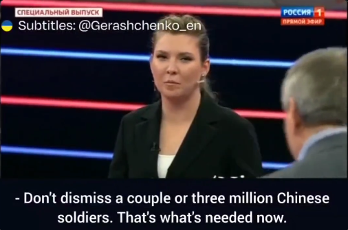 Imagine the sheer and endless amount of pure desperation when a Russian propagandist like Skabayeva at top prime time tells the audience that Russia gonna need 3 million Chinese soldiers to win this war.

Absolutely priceless, entertaining and telling. How deep Russia has fallen.