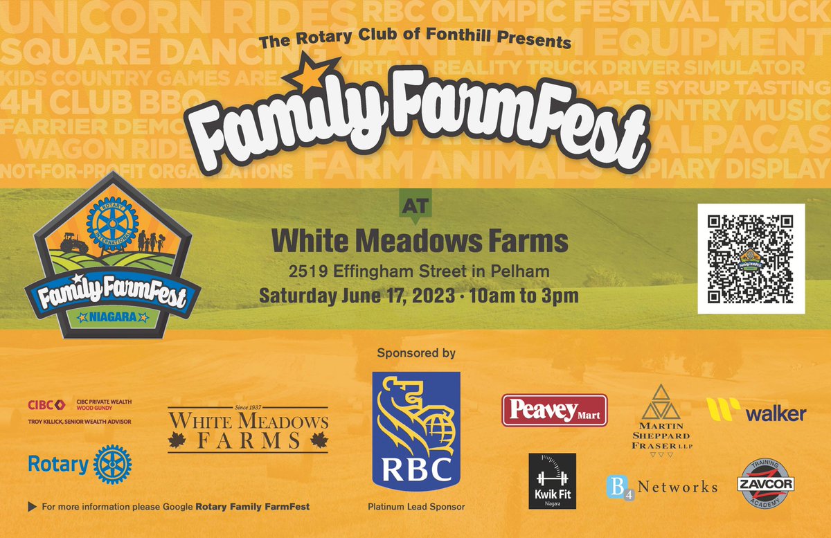 fonthillrotary's tweet photo. #RotaryThisWeek: #FamilyFarmFest 2023!
Too many exhibitors and activities to list here! Click here to see them all: 
https://t.co/9SPo4YmuWE
#RotaryClubofFonthill #WhiteMeadowsFarms #RBC
#TagtheSpirit #Rotary7090 #RotaryZone28 #ImagineRotary #CreateHopeInTheWorld https://t.co/PpFK3vCejQ