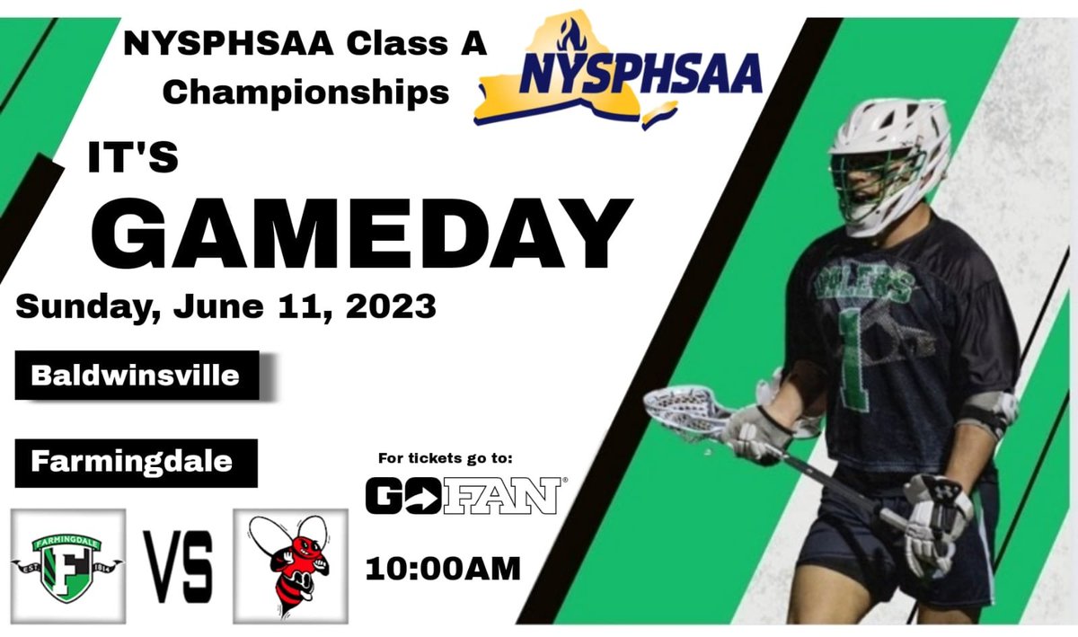 FHSAAOficial's tweet photo. 🏆NYSPHSAA Boys Lacrosse Championships - Class A" tournament.

🥍 Farmingdale🆚 Baldwinsville
📆 Sunday, June 11, 2023
⏰ 10:00 AM
🎥 Live Stream on: https://t.co/iaSvbK1aDu
@FarmingdaleLax @lax_coach21 https://t.co/Hj7QMJiLtL