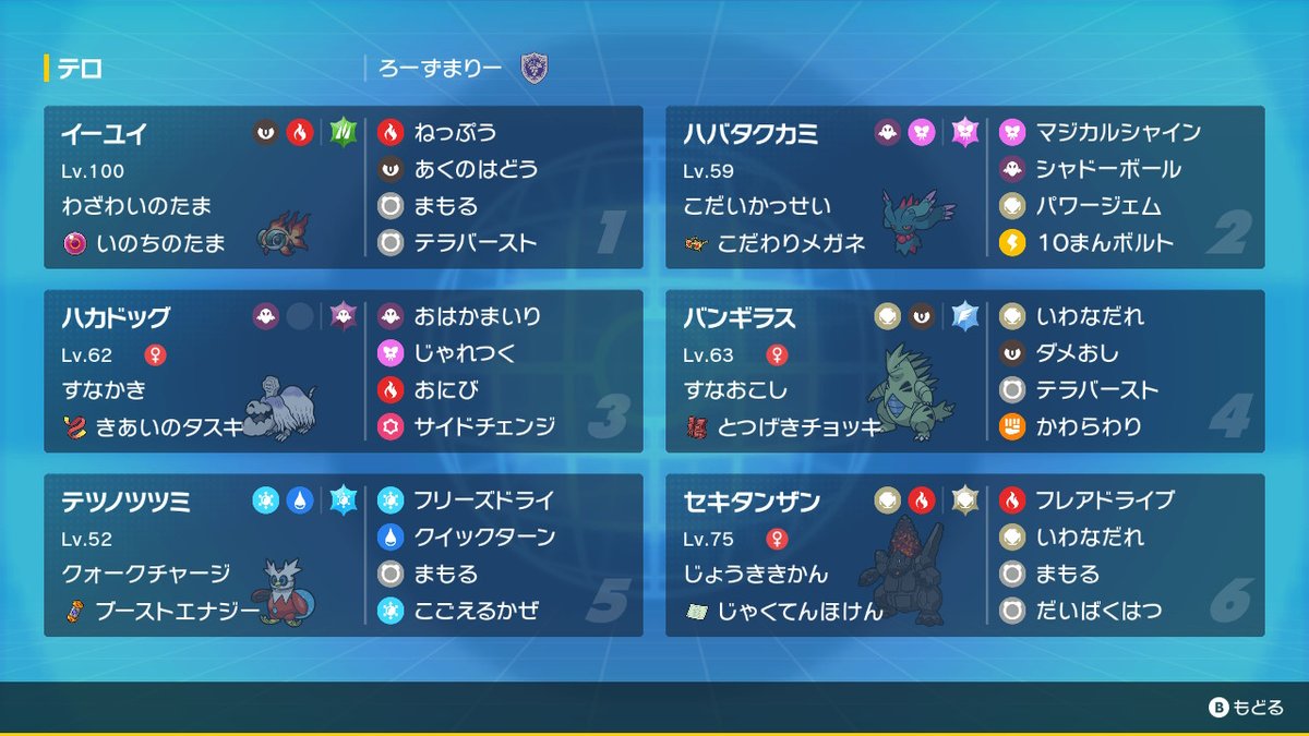 rosemary_lutra's tweet photo. 身内鯖（ファンディスコ）のダブルバトル大会、お疲れさまでした＆ご参加ありがとうございました！
みんな面白いPTが多くてマジで楽しかったです！

わたしが使用したPTはこんな感じでした
初手ツツミでセキタンザンにクイックターン打って大爆発するテロPTです💣 https://t.co/oPhACTjDXl