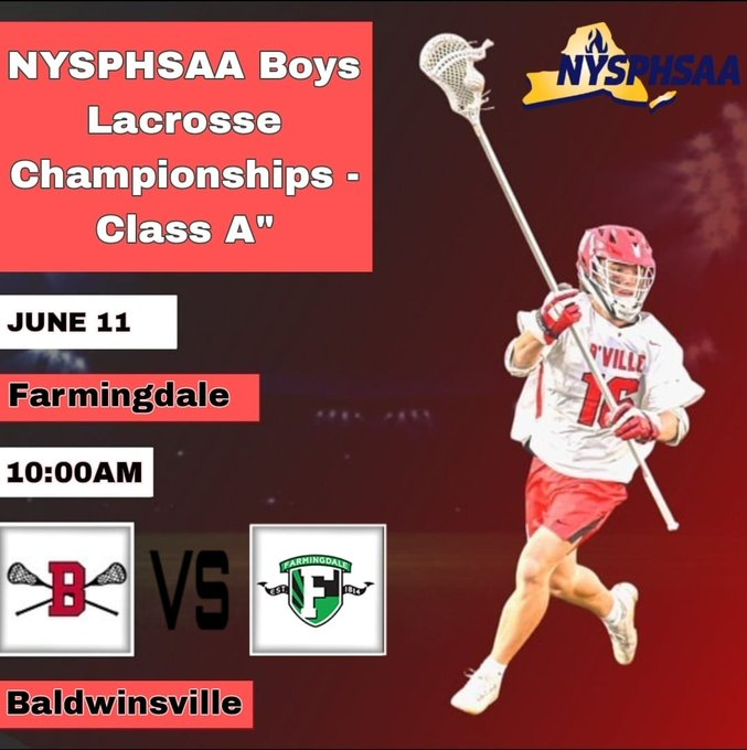 FHSAAOficial's tweet photo. @Bville_Boys_Lax 🏆NYSPHSAA Boys Lacrosse Championships - Class A" tournament.

🥍 Farmingdale🆚 Baldwinsville
📆 Sunday, June 11, 2023
⏰ 10:00 AM
🎥 Live Stream on NFHS Network: https://t.co/iaSvbK1aDu https://t.co/FnJLLNVTb0
