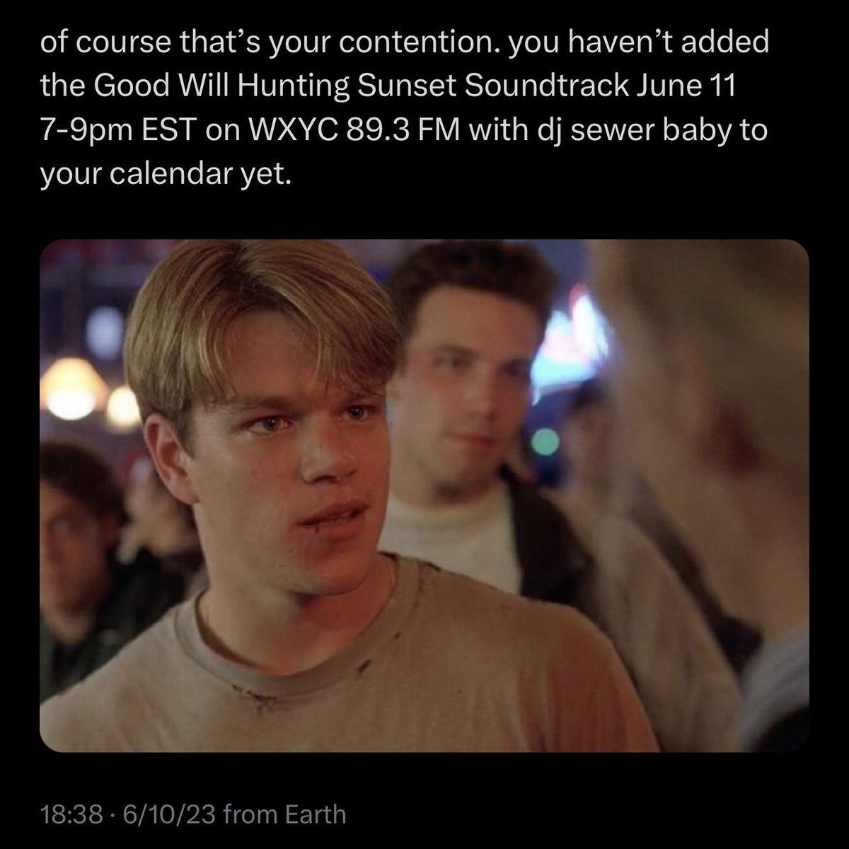 Tune in June 11 (TONIGHT) 7-9pm EST for an in depth discussion and listening sesh on all things Good Will Hunting, the soundtrack and (by association) Elliott Smith!! Brought to you by dj sewer baby 🫶🏻