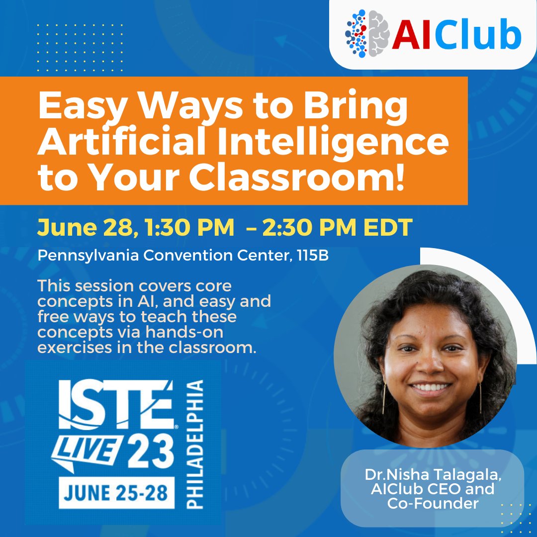 Don't miss this must-see session at #ISTELive23 for educators! @ISTEofficial 

Discover how to bring AI into your K-12 classrooms and equip your students with the skills for the future.

Learn more. 👇
bit.ly/3WImd7P

 #K12Education #ISTELive23 #ISTELive2023