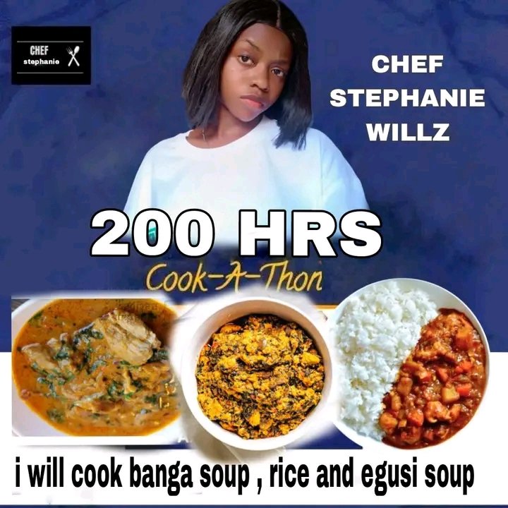 Another Nigerian Chef Stephanie WiIlz to start a 200hrs Cook-A-Thon, vows to break records of Hilda Baci & Chef Dammy

Hilda / Chicken Republic / Titi
Okocha / Akpabio / Dammy
Gambo / Rain / John Doe / Go Dammy
#120hourscookathon