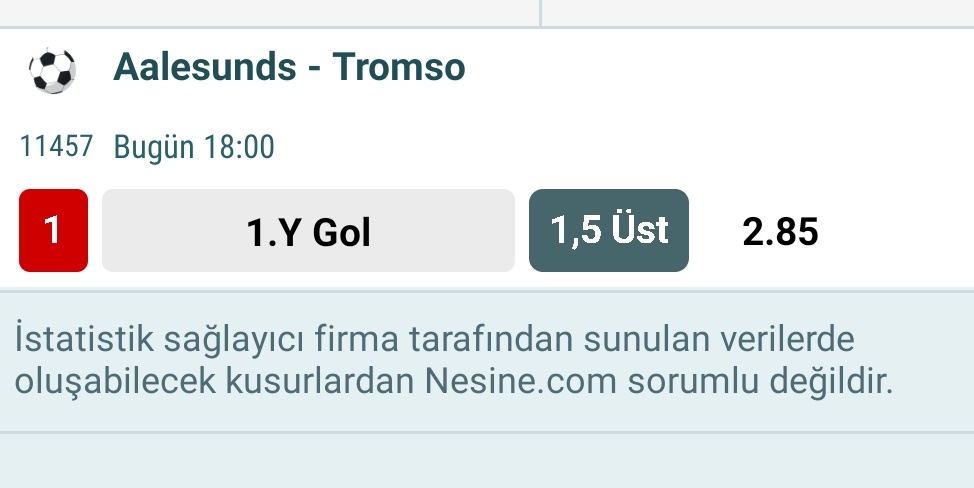 18:00

Aalesunds - Tromso

İy Gol Ve Goller Bekliyorum;

İy 0.5 Üst 👉 1.36
İy 1.5 Üst 👉 2.85

Tercihlerine Gidilebilir.