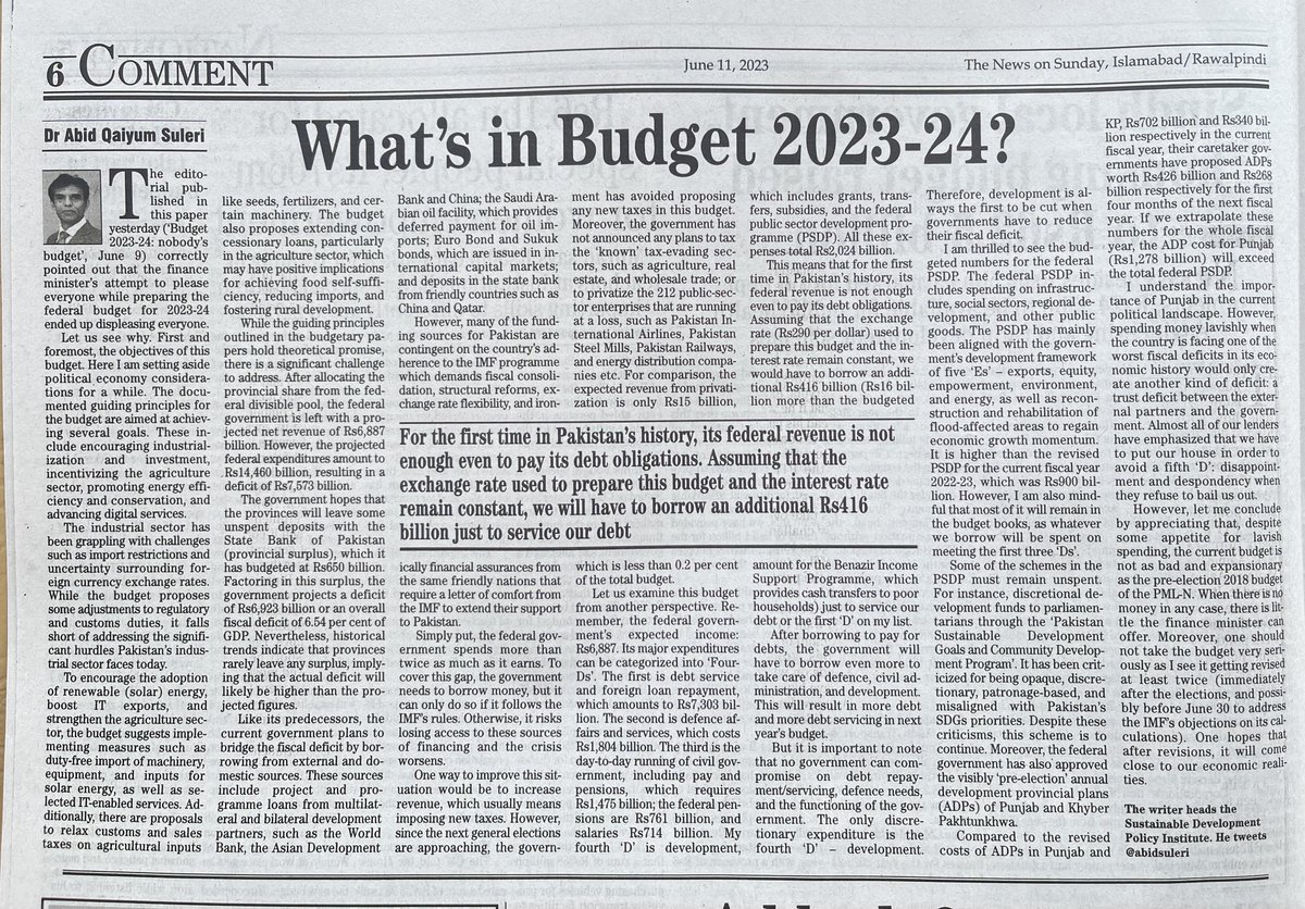 Abidsuleri's tweet photo. I am thrilled to see the #budgeted numbers for the federal #PSDP. It has mainly been aligned with the government’s development framework of five ‘Es’ – exports, equity, empowerment, #environment, and #energy, as well as reconstruction and rehabilitation of #flood-affected areas to regain economic growth momentum. However, I am also mindful that most of it will remain in the budget books for short of funds.
On the other hand, I wish some of the schemes in the PSDP should remain unspent. For instance, discretional development funds to parliamentarians through the in the name of #SDG goals. Moreover, the federal government has also approved the visibly ‘pre-election’ annual development provincial plans (ADPs) of #Punjab and #KP.
Compared to the revised costs of ADPs in Punjab and KP, Rs702 billion and Rs340 billion respectively in the current fiscal year, their caretaker governments have proposed ADPs worth Rs426 billion and Rs268 billion respectively for the first four months of the next fiscal year. If we extrapolate these numbers for the whole fiscal year, the ADP cost for Punjab (Rs1,278 billion) will exceed the total federal PSDP.
https://t.co/q2iJzoe2lN