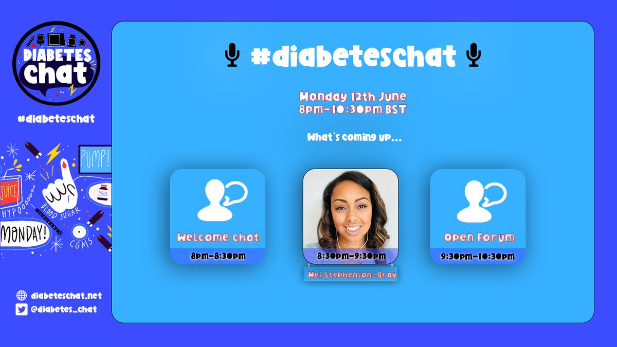diabetes_chat's tweet image. Hello Sunny Monday 🌞☀️
Here's all the details for tonight's #diabeteschat 💙

🕗 8pm- welcome chat
🕣 8:30pm - guest speaker chat: @Melstephenson01 
🕤 9:30pm- open forum chat &amp;amp; #thursdaythread 🧵

🎧 
📺 youtube.com/watch?v=tqEvYO…