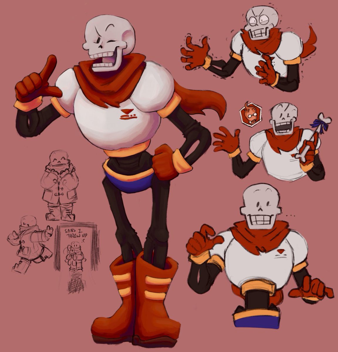 Have some silly experimental drawings. What if I started giving him seperate finger gloves rather than mittens to practice drawing hands… considering.
Also there are some off the cuff smol Pap doodles just for fun.
#undertale #Papyrus