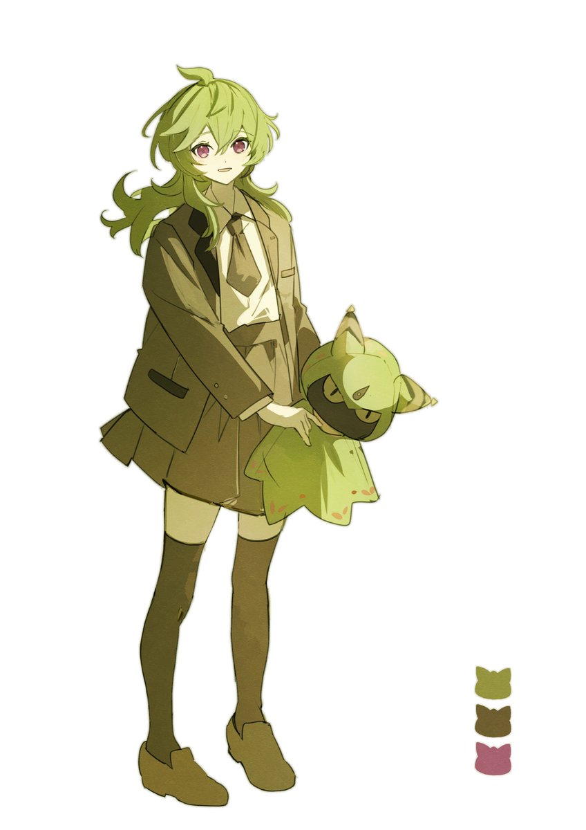 1girl green hair skirt thighhighs necktie shirt jacket  illustration images