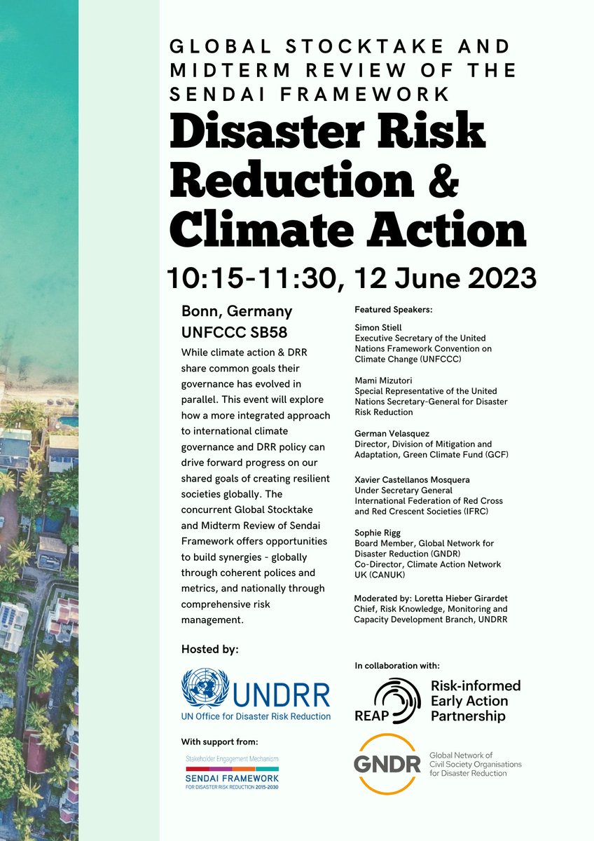 #Join @UNDRR @EarlyActionREAP @globalnetworkdr at the #BonnClimateConference [SB-58] high-level event 'Disaster Risk Reduction and Climate Action.' Focus: #GlobalStocktake & Midterm Review of the #SendaiFramework Webcast: bit.ly/43wILuU Event: undrr.org/quick/78248