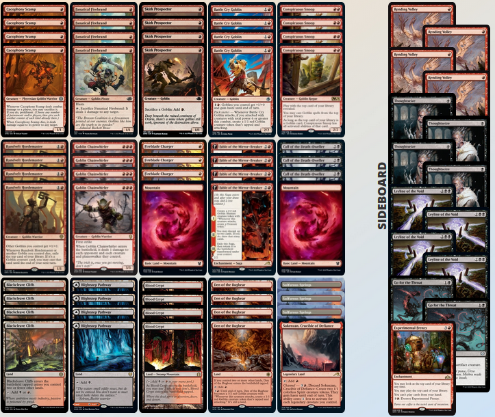 Leverkraft's tweet photo. Q'ed at a 2-slot RCQ with Rakdos Goblins. Lost 5/6 dice rolls and was on the draw all of top 8. 

Matchups

Mono Green 👺💀👺
Lotus Field 💀💀
Jeskai Control 👺💀👺
Spirits 👺👺
Boros Convoke 👺👺
Mono White Humans 👺👺
Rogues 🤝

Bring to Light 👺👺
RB Mid 👺👺

@fireshoes https://t.co/R74CdPcr7k